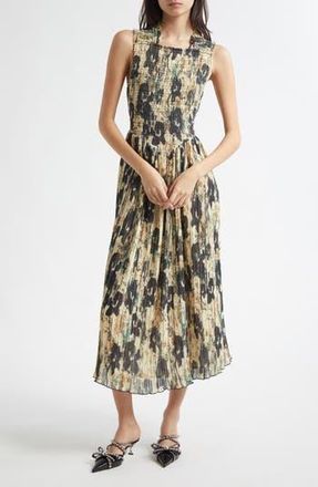 Ganni Floral Print Smocked & Pleated Midi Dress in Afterglow at Nordstrom Rack, Size 34