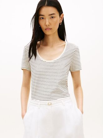 Tommy Hilfiger Womens Scoop Neck Linen-Blend T-Shirt - White - XXS