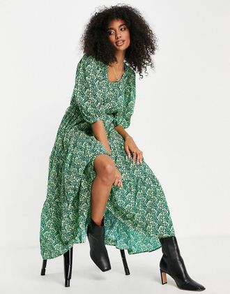 Whistles maxi smock dress with tie waist in abstract print-Green