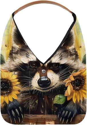 Generic Sunflower Raccoon Wooden Board Reusable Lightweight Grocery Bags - Foldable Into Compact Pouch, Washable & Sturdy, Multipurpose for Shopping and Trave