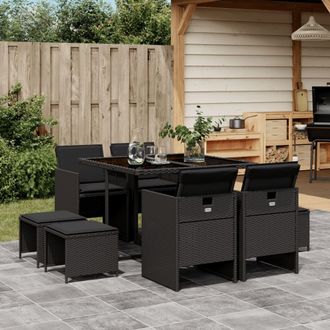 vidaXL Vidaxl - Set De Comedor De Jard&iacute;n 9 Pzas Y Cojines Rat&aacute;n Sint&eacute;tico Negro