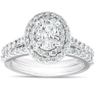 Pompeii3 2Ct Oval Diamond Double Halo Engagement Wedding Ring Set 14k White Gold