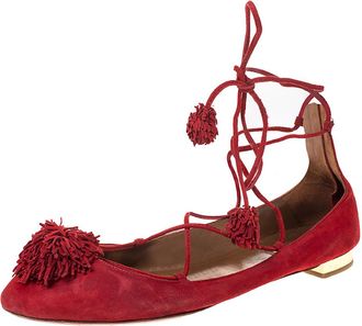 Aquazzura Aquaazzura Red Suede Leather Fringe Tassel Ankle Wrap Ballet Flats