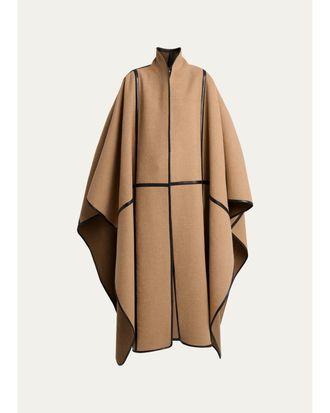 Chlo&eacute; Leather-Trim Wool Poncho Coat