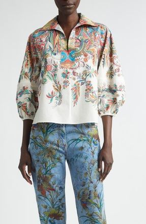 Etro Floral Paisley Cotton Top in Print On White Base at Nordstrom, Size 12 Us