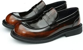 Generic Mens Slip on Platform Loafers Round Toe Patent Leather Formal Dress Shoes Low Block Heel Casual Shoes,Brown,4.5 UK