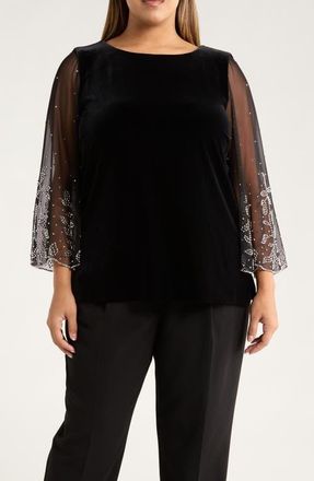Alex Evenings Sheer Rhinestone Sleeve Velvet Blouse in Black at Nordstrom, Size 2X