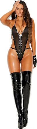 Elegant Moments Vinyl and fishnet halter neck teddy trimmed in nail heads with front zipper closure. *Available Boxed