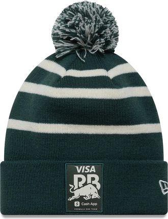 New Era Visa Cash App Racing Bulls F1 Team, Official 2025 Merchandise, Sports Stripe, Bobble Beanie Hat, Green, White