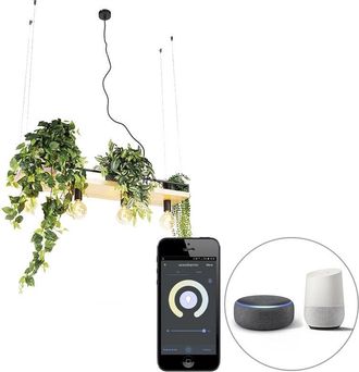 QAZQA Industrial L&aacute;mpara Colgante Inteligente Negra Con Madera 4-luces Con Wifi G95 - Shelf /acero Rectangular Adecuado Para Led Max. 4 X 4.9 Watt - Qazqa