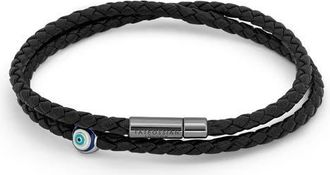 Tateossian Mens Evil Eye Braided Faux Leather Wrap Bracelet in Black at Nordstrom, Size Medium