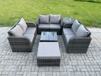 Fimous Outdoor Garden Furniture Sets 7 Seater Wicker Rattan Furniture Sofa Sets with Square Coffee Table Love seat Sofa Footstool in Dark Grey