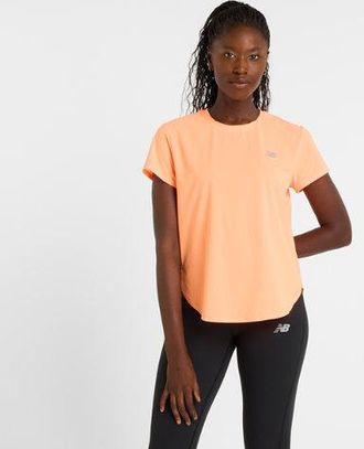 New Balance Women Race Day Ultra Light T-Shirt in Orange Poly Knit, size Large