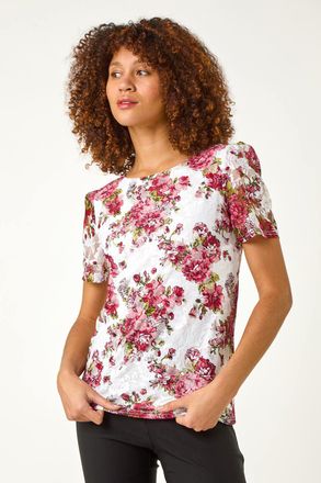 Roman Floral Print Lace Stretch Top