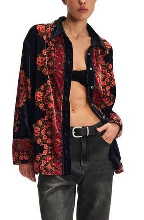 Free People One Night Placed Print Velvet Button-Up Shirt in Night Owl Combo at Nordstrom Rack, Size Medium