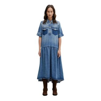 Ganni Denim Midi Jurk - Dames - Casual kleedjes - Blauw - L - Denim - Kleedjes