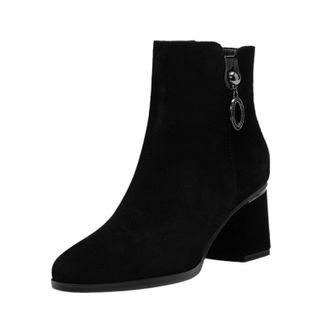 Generic Womens Ankle Boots Suede-Like Fabric Round Toe Block Heels Side Zipper Metal Pendant Detail Solid Color Stylish Durable Design,Black,3.5 UK