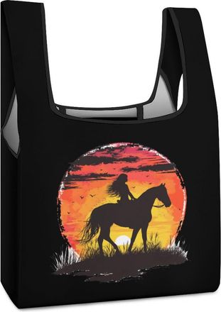 Generic Woman Horse Riding Texas Ranch Shopping Bag Reusable Grocery Tote Bag Foldable Handbag for Travel Picnic