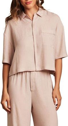 Barefoot Dreams Washed Satin Jacquard Crop Lounge Shirt in Feather at Nordstrom Rack, Size X-Large