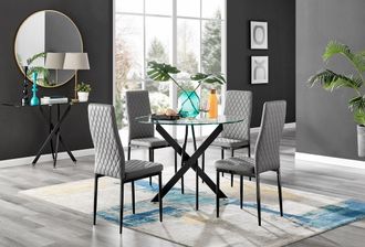 Furniturebox Novara 4 Seater Black Leg Round Glass Dining Table & 4 Milan Faux Leather Black Leg Chairs in Grey
