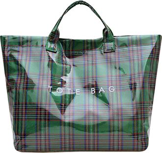 Generic Plaid PVC Tote Bag for Women, Large Letter Print Handbag, Waterproof Coated Shopping Bag, Spacious Bag for Travel, Daily Use (Green Tartan)