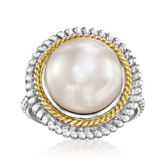 Ross-Simons 12-12.5mm Cultured Pearl Roped-Edge Ring in Sterling Silver and 14kt Yellow Gold