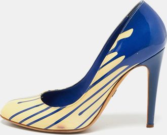 Sergio Rossi Cream/blue Patent Leather Round Toe Pumps