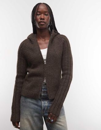 Weekday cardigan in misto lana con zip e cappuccio in marrone scuro m&eacute;lange