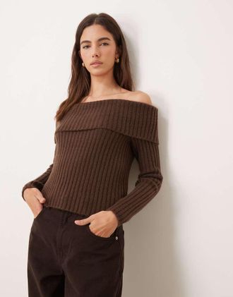 Abercrombie & Fitch Maglione marrone con risvolto e spalle scoperte