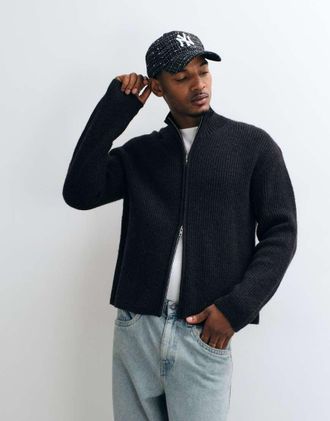 Weekday cardigan con zip in misto lana marrone e nero a coste bicolore