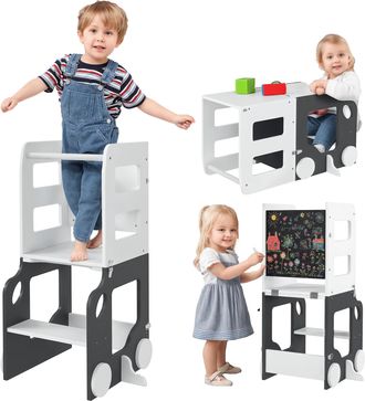OEM Torre De Aprendizaje Taburete Infantil Con Pizarra Convertible En Mesa Y Silla Con Dise&ntilde;o De Coche Blanco Y Gris