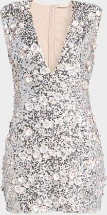 Ramy Brook Rosette Floral Sequin Deep V-Neck Mini Dress
