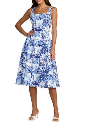 Mac Duggal Crepe Floral Square Neck Sleeveless Midi Dress in Blue Multi at Nordstrom, Size 14