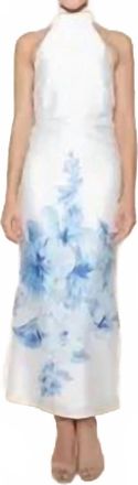 FORE COLLECTION Halter Back Neck Bow Maxi Dress In White/blue Floral