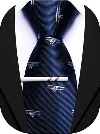 Barry.Wang Silk Ties for Men Fun Necktie and Tie Clip Set for Wedding Party Business Formal Extra Long, Plane Navy Blue, One Size