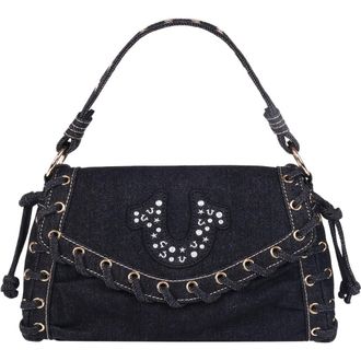 True Religion Studded Horseshoe Eyelet Denim Flap Bag in Black at Nordstrom