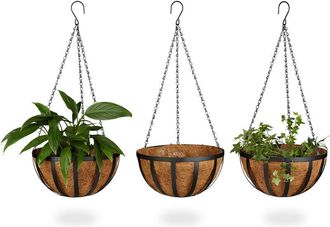 Relaxdays Relaxdays Set of 3 Hanging Flower Baskets, Coconut, 21 Litre Volume, with Chain, 30 cm Diameter, as Hanging Planters, Brown
