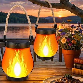 No Brand Luminarias, Paquete De 2 Luces Solares Con Efecto Llama, Luces Colgantes Para Exteriores Con Efecto Llama, Impermeables, Recargables Con Energ&iacute;a Solar