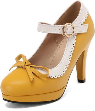 Generic Womens Colorblock Cute Bow Round Toe Mary Jane Court Shoes Ankle Starp Buckle Chunky Heel Pumps for Party (7.5,Yellow)