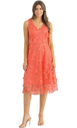 Klass Sleeveless Applique Shimmer Dress - Coral - 14