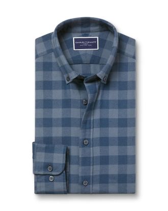 CHARLES TYRWHITT Button-Down Collar Brushed Flannel Gingham Cotton Shirt - Steel Blue Size XXXL by Charles Tyrwhitt