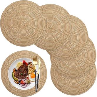 OEM Juego De 6 Manteles Individuales Redondos, Tejidos A Mano, Lavables, Resistentes Al Calor, Antideslizantes, 38 Cm, Color Marr&oacute;n