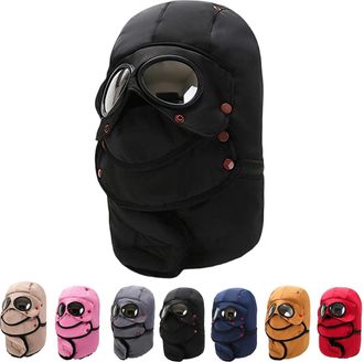 Generic 2026 New Winter Thermal Hat with Glasses, Windproof Fleece 4-in-1 Ski Mask Cap with Detachable Face Cover Outdoor Sports (Black)