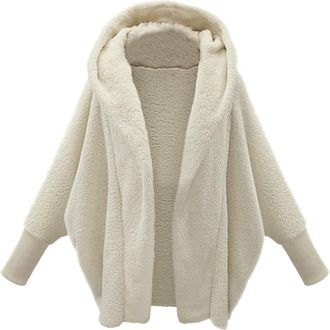 Generic Womens Oversized Fuzzy Fleece Hoodies Jacket Thick Warm Cozy Long Sleeve Open Front Shawl Collar Sherpa Lined Fleece Hooded Fall Winter Hooded Coat Te