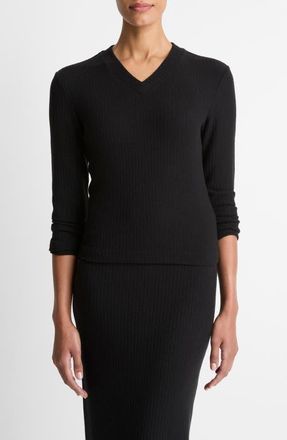 Vince Cozy Rib High V-Neck Top in Black at Nordstrom, Size Xx-Small