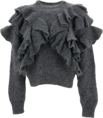 Elisabetta Franchi Grey Ruffled Wool-Mohair Cropped Sweater