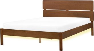 Beliani Modern eu Double Size Bed Frame with led 4ft6 Slatted Base Headboard Dark Brown Rubber Wood Boisset
