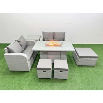 Fimous 7 Seater Outdoor Love Sofa Set Rattan Garden Furniture Set with Firepit Dining Table 3 Footstool Side Table Light Grey - Fimous