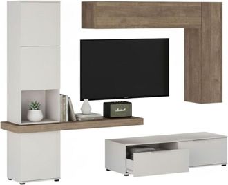 Dmora Parete Attrezzata Riccia, Mobile Soggiorno Modulabile, 2 Cassetti, 9 Ripiani, Beige