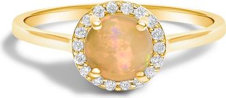 House of Brilliance 10K Gold Gemstone and 1/10 Cttw Diamond Halo Birthstone Ring in Yellow | Multi Opal at Nordstrom, Size 6.5
